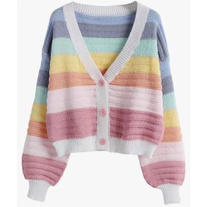 Women’s V-Neck Rainbow Striped Cardigan Sweater Size Large
